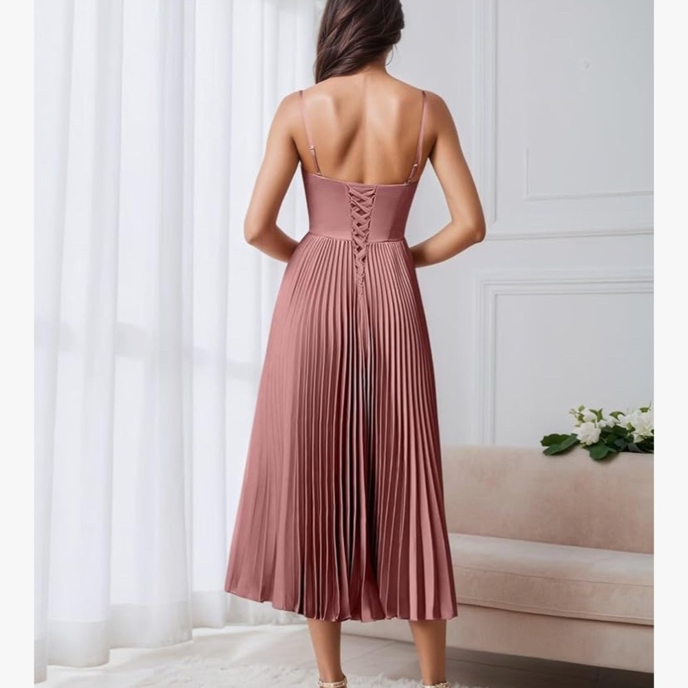 Elegant Burgundy Pleated Dress - Picture 2 of 11